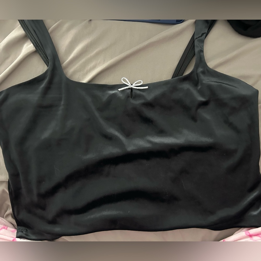 Black Velvet Crop Tank with Silver Bow Accent